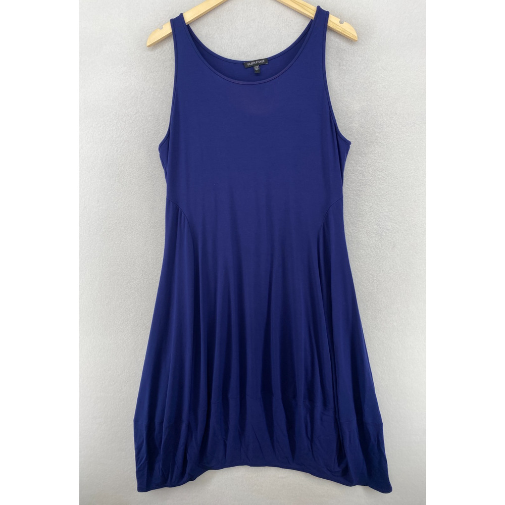 EILEEN FISHER Dress L Stretch Rayon Jersey Lantern Sleeveless Blue USA